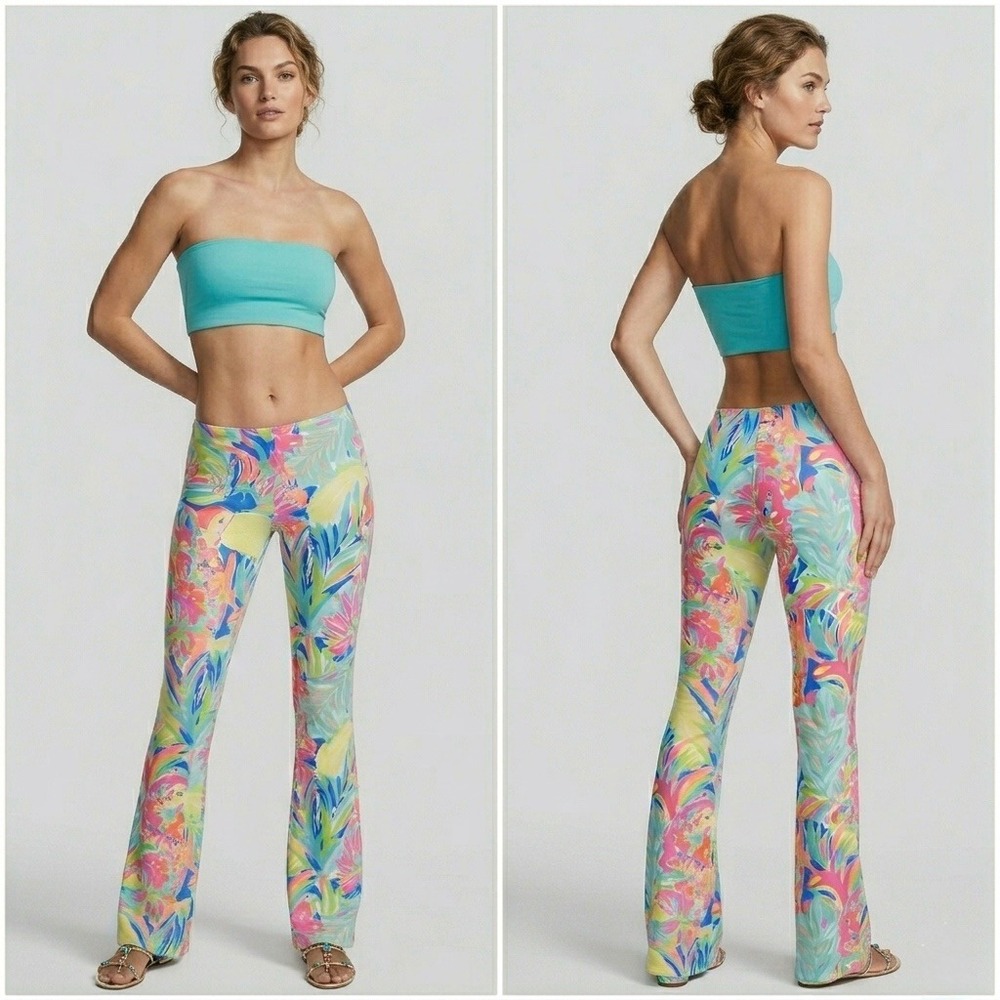 Lilly Pulitzer Toucan Can Flare Pants Pink Blue Tropical Floral XXS Low Rise